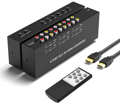6 Port RCA to HDMI, 1080P/720P 6 Way AV to HDMI Converter Composite CVBS AV Switch to HDMI Converter Adapter Support 4:3/16:9 Switching, for Sega Xbox PS2 PS3 N64 NGC SNES WII VHS VCR Camera