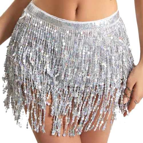 LETTERASHQP Glitzer Rock Damen Mit Pailletten und Quasten für Bauchtanz