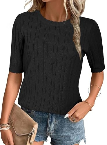 Arach&Cloz Pullover da Donna a Maniche Corte Estate Autunno Inverno Camicia Lavorata a Maglia Camicetta Casual Girocollo