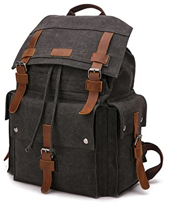 FANDARE Outdoor Backpack Leather-Waxed Canvas Hiking Daypacks Women's Backpack Men Canvas Drawstring Laptop Rucksack Casual Daypacks Multipurpose School Bag College Travel Ladies Rucksack Black