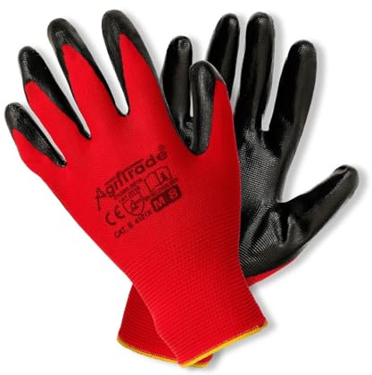 Agritrade AK Durable Flexible Work Protective Gloves -Nitrile- Red Safety Gloves For Construction Automotive Workshops Carpentry Garden (AGRI) (6, 7'' / S)