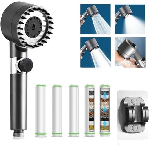 dshyuauoci Soffione Doccia Anticalcare, Doccia Soffione con 5 Filtri e Una Base Senza Perforazione 3 Modalità Spray Telefono Doccia Anticalcare a Risparmio Idrico Nero