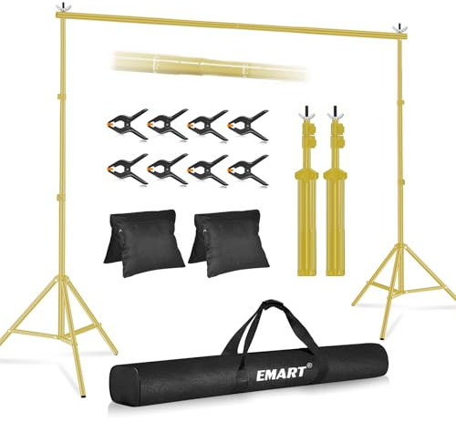EMART Support Fond Photo Or, 2,6x3m de Support Toile de Fond Réglable avec 8 Pinces, 2 Sacs de Sable et Sac de Transport pour Studio Photo, Vidéo, Fête, Mariage-Or