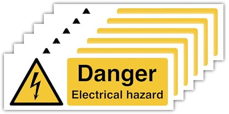 30cm x 10cm Pack of 6 Danger Electrical Hazard Warning Signs – Self Adhesive Polypropylene Glossy-Laminated Electrical Safety Stickers and Electric Sign Labels