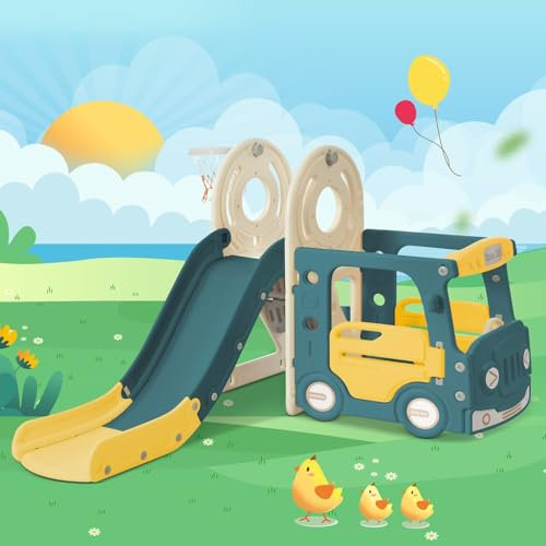 Toboggan pour Enfants 4 en 1, Comprenant Un Bus, Un Toboggan, Une échelle d'activité, Un Panier de Basket-Ball et des Ballons de Basket-Ball assortiss (Green + Yellow)