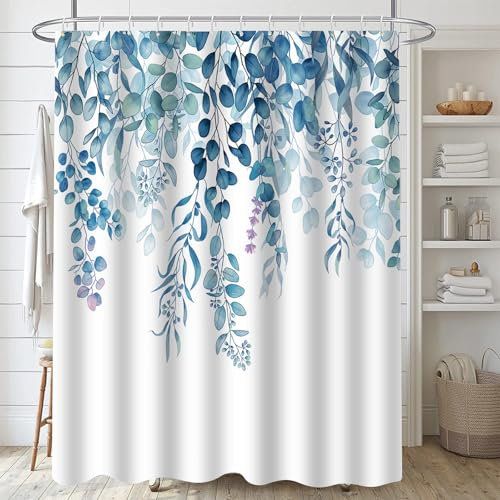 FAIRYGATE Vorhang Blau Duschvorhänge 180 x 180 cm Weißes Textil Schimmelresistent und Trocknet Schnell Waschbarer Stoff Duschvorhang für Badewanne mit 12 Ringen Badewanne für Dusche B9618