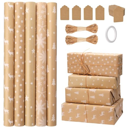 Meng Jiaran 5 x Christmas Wrapping Paper Rolls 3m X 43cm Brown Kraft Gift Wrapping Paper Kraft With Tags, Twine For Christmas, Party, Gift Decorations
