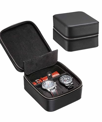 SYENS 2 Uhren Reiseetui mit Zubehörfach, Top-Grain Leder Uhrenrolle Tragebox für Männer | Robuste tragbare Schutz Reißverschluss passen alle Armbanduhren & Smart Watches bis zu 60mm (2+1GR)