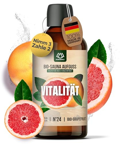 NORDHOLZ® Saunaaufguss BIO [NATURREINE ÄTHERISCHE BIO-ÖLE] Sauna Aufgussmittel #24 Vitalität 100ml Grapefruit - Sauna Aufguss aus Franken