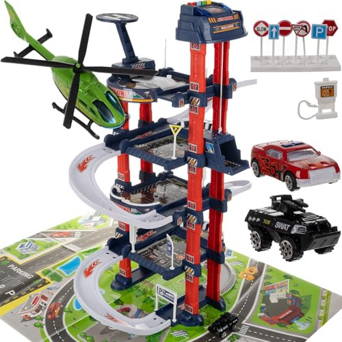 4-stöckige Spielzeug-Parkgarage aus robustem ABS + PP mit elektrischer Aufzug, Lichteffekten, Sound, Autos & Hubschrauber – Lernspielzeug für Kinder ab 3 Jahren
