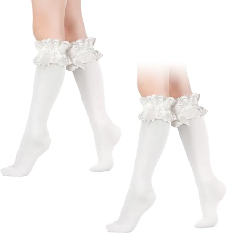 UILYNIU 2 Pares Medias Tupidas Hasta la Rodilla con Lazo Medias Blancas Mujer, Medias de Pantorrilla Mujer, Calcetines Hasta la Rodilla para Mujer, para Cosplay Fiesta Carnaval