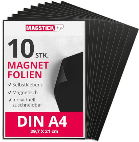 Magstick I Folia magnética 10 piezas I DIN A4 I Folia magnética autoadhesiva flexible, recortable, magnética, para pegar I para manualidades, organización, troquelado, almacenamiento I mag285