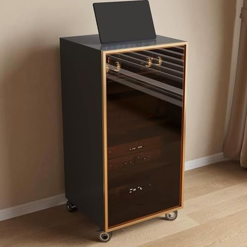 JIAOCKJIAO Moderner Stereoschrank, Beweglicher Audio Rack Hi Fi Regal mit Rollen, Phonoschrank mit Kabellöchern, Record Player Stand mit Verstellbaren Regalen, Glastür(Gray,4 Tier 55x45x100CM)