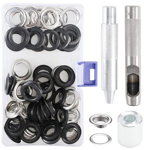 KJLEEN Ösenstanzer-Set, 14 mm, 103-teilig, große Ösen und Stanzer, Planenösen-Set mit Ösen, Werkzeug für Leinwand, Zelt, Markise, Stoff, Ledergürtel, Handwerk (Schwarz und Silber)