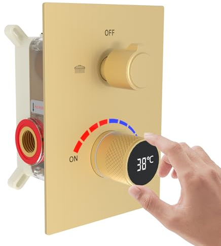 GETSHOWERSET 2 Way Temperature-Display Shower Diverter Valve Brushed Gold | Concealed Thermostatic Shower Mixer Valve, Brass Construction, Dual Function, Digital, 2 Outlets Shower Faucet Rough-in Valve
