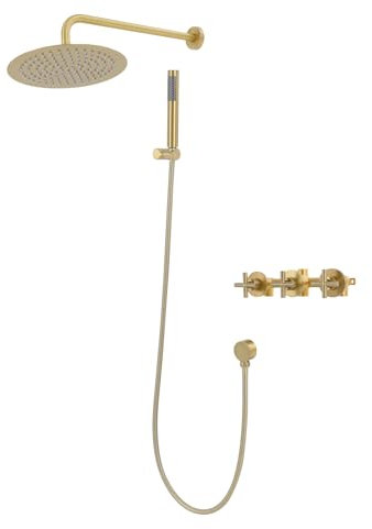Duscharmatur Komplett set, Regendusche mit Handbrause, Verstellbarer Kopfbrause Regendusche Armatur Regendusche Duschkopf Shower System für Wandmontage (Gold)