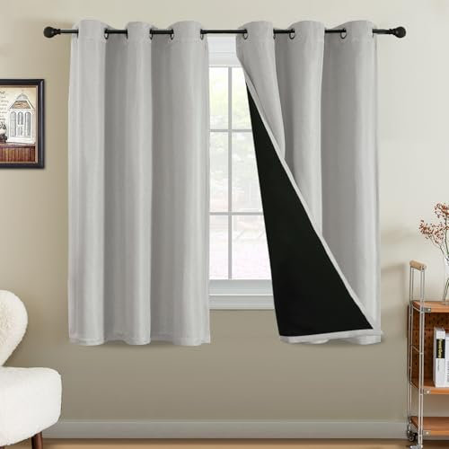 BellaHills 100% Blackout Curtains for Bedroom Thermal Faux Linen Curtain for Living Room Burlap Textured Eyelet Curtains & Drapes, 2 Panels, 46 x 54 Inch, Heather Stone