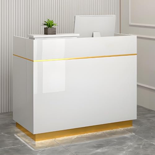 Snaweo Empfangstheke, Empfangstresen mit abschließbarer Schublade, Rezeptionstheke aus Holz, Empfangstisch für Bekleidungsgeschäft, Schönheitssalon, Lobby usw(White+Gold,100cm/39.3in)