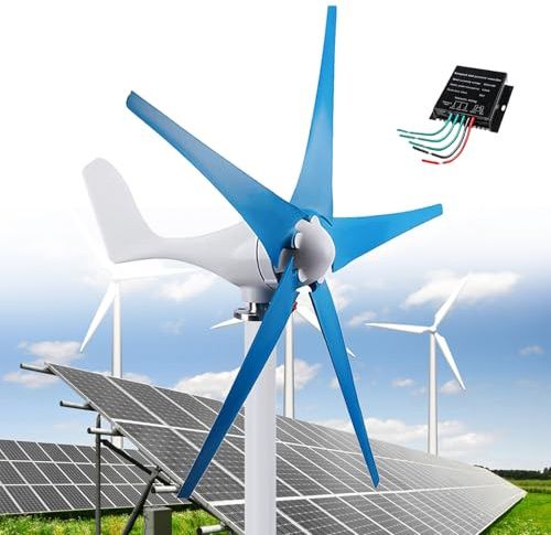 DRFGHK 12000W Wind Power Turbine Generator, 12V/24V/48V DC Windmill Power Generator Kit, 5-Blade Automatically Adjust the Windward, 3 Phase AC Permanent Magnet Generator Kit with Controller,Blue-24V