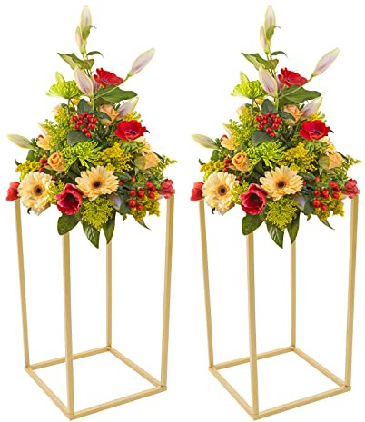 2 soportes de flores de boda, 40 cm, oro jarrones con columna metálica, gran jarrón de metal, columna geométrica, centros de mesa, para eventos, decoración de fiesta en casa