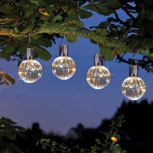 Garden Mile 4pc Hanging Solar Lights Outdoor Garden Warm White LED Waterproof Solar Lanterns For Outside Unique Decorative Hanging Tree Light Decorations