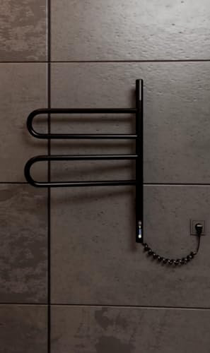 Elna Asciugamani Elettrico Nero 62W - 2 Bracci Girevole - Radiatore da Bagno Compatto con Timer e Termostato - Dispositivo da Parete IP44