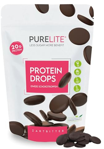 PURELITE Protein Drops Zartbitter, vegan, Low-Carb, proteinreich (20 g/100 g), ohne Zuckerzusatz, mit Erythrit & Stevia, zum Snacken, Backen, Fondue, Kuvertüre, 450g