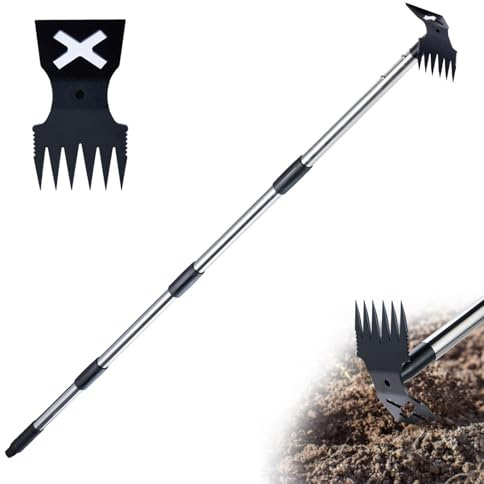 Unkrautstecher mit langem Stiel 42-150cm, 2 in 1 Gartenhacke | Verstellbarer Edelstahl, Unkrautrechen, Rückenschonend, Ohne Chemie