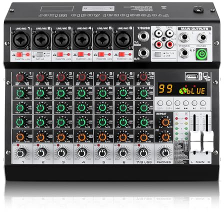 XTUGA 8M 8 Channel Audio Mixer for Podcasting, Recording, Performances, DJ Sound Board Mixing Console with 99 DSP Effects, 48V Phantom Power, Bluetooth