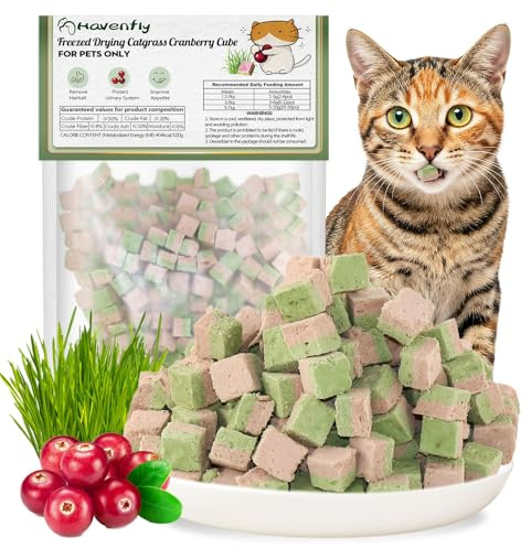Snack Liofilizzati con Erba per Gatti e Mirtillo Rosso, Snack Erba gatta per Gatti, Controllo delle Palline di Pelo e Benessere Urinario