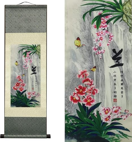 AtfArt Seiden Schriftrolle Gemälde, Asiatische Wall Decoration, Blumen Deko Wand, Schöne Chinesische Orchidee Painting, Hängende Malerei fur Wanddeko Orientalisch