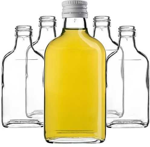 KADAX Lot de 5 gourdes Plates en Verre 200ml – Petites fioles à Bouchon vissant pour liqueurs, alcools & décorations