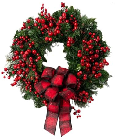 Xiyocadt 40 cm Künstlicher Weihnachtskranz Tannenkranz Türkranz, Beeren Weihnachtsdeko Türkranz Weihnachten Adventskranz Künstlicher Kranz Weihnachten Girlande Winterkranz (Rot,40cm)