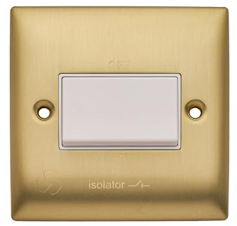Britelite Triple Pole Fan Isolator Switch, Brushed Brass | Triple-pole isolation for extractor and ventilation fans; brushed brass finish; with fixings included; wall mount mounting.