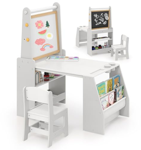LIFEZEAL Holz Kindertisch Stuhl Set mit Staffelei, Kinder Zeichentisch mit doppelseitiger Tafel, Papierrolle, Aufbewahrungstaschen, Kindersitzgruppe für Jungen und Mädchen ab 3 Jahren (Grau)