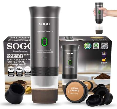 SOGO Cafetera Portátil Recargable 4 en 1 para Cápsulas y Café Molido - Mini Cafetera Compatible Nespresso y Dolce Gusto - Máquina de Café para Viajes Compacta con Función Caliente y Fría