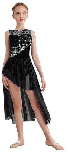 Miaeowve Vestido de patinaje artístico para niña, largo para niños, strass, brillante, vestido de ballet, sin mangas, vestido de baile lírico, vestido de baile contemporáneo, Negro , 158-164