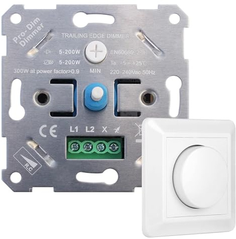LED-dimmer, dimmer-brytare, 220–240 V, 250 W, roterande dimmer infälld dimmer för LED-lampor 5–200 W, IP40 universaldimmer för dimbara LED-lampor, glödlampa och halogenlampa, vit