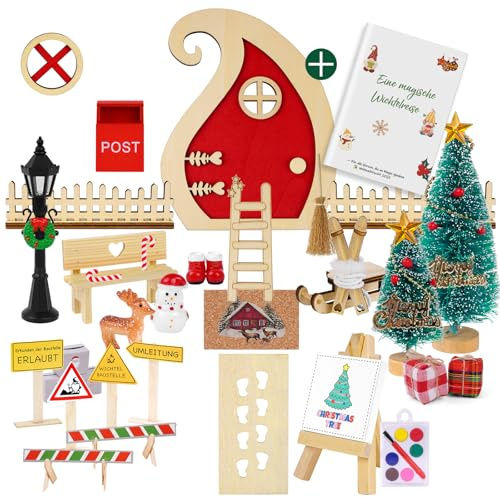 POFIBO Wichteltür Set mit Buch – 43-teiliges Weihnachtswichtel Zubehör & Mini-Deko für Kinder