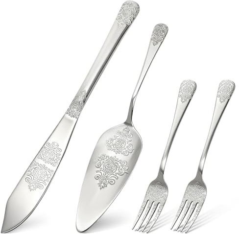 DEAYOU 4 PCS Wedding Cake Knife and Server Set, Stainless Steel Cake Cutting Set with Forks, Engraved Cake Cutter Pie Spatula for Engagement, Anniversary, Birthday, Bride and Groom Gift, Silver
