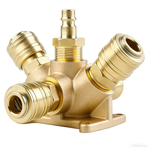 Druckluftverteiler Wanddose, Druckluftweiche aus Messing mit 3x Schnellkupplung NW 7.2 und 1 x Stecknippel G 1/2, Schnellkuppler Druckluftkupplung, Luftverteiler