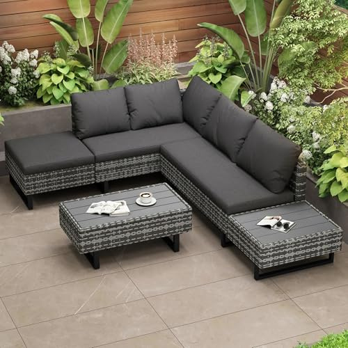 CelticHearth Poly-Rattan Gartengarnitur, Lounge-Set für 4-5 Personen mit Ecksofa, Tisch und Auflagen, Abnehmbarer waschbarer Bezug, Grau
