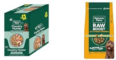 Natures Menu Country Hunter Succulent Duck Pouches - 6 x 150g + Natures Menu Raw boost Dry Food for Dogs with Fresh Chicken - 1,5kg