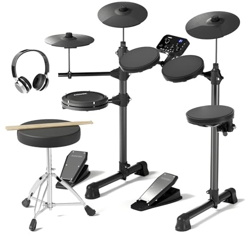 AODSK Juego de batería electrónica para principiantes, 150 sonidos de malla, tambor y platillos de silicona, 2 pedales, trono, palos, tambor electrónico con auriculares