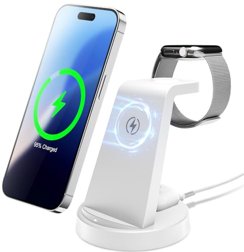 3 in 1 Wireless Charging Station, 15W Fast Charger Stand for iPhone 8 to 17 | Phone and Watch Charger for Apple Watch SE/Ultra Series & iWatch 2 to 10 Series - for Airpods Pro 3 2 (No Plug, White)