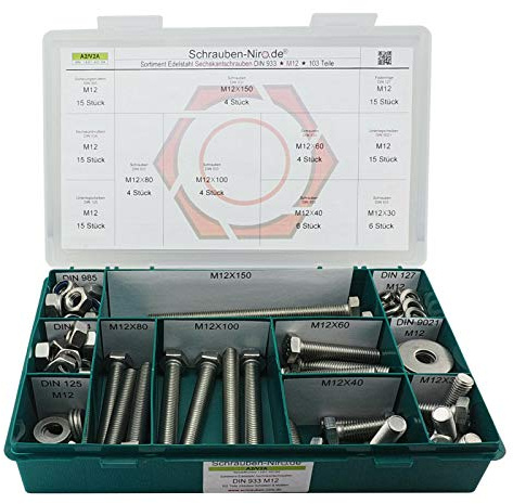 Set Sechskantschrauben DIN 933 M12 Edelstahl A2 V2A mit Muttern Scheiben | Sortiment M12 DIN 933 mit Gewinde bis Kopf Unterlegscheiben (DIN 125, 127, 9021) Muttern (DIN 934, 985) - 144 Teile