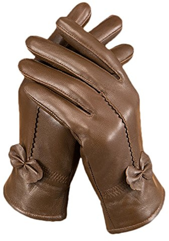 Butterme Luxury Ladies weichen Schaffell Lederhandschuhe mit Bowknot-Stich-Entwurf Fleece Futter PU Leder Fäustlinge Braun