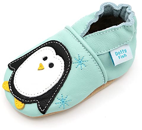 Dotty Fish Baby- och småbarnsskor med mjuk sula. Barfota läderskor för första gången, lätta och flexibla. Halkfri sula, resår i vristen, unisex - Pingvin 12-18 månader