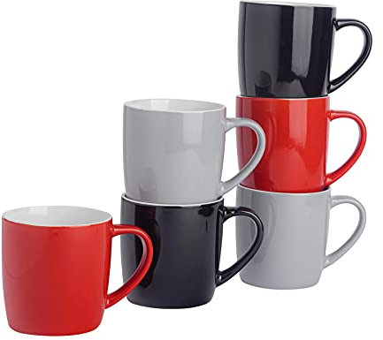 Argon Tableware Tea Coffee Mugs - 6pc Contemporary Coloured Ceramic Cups Set - 350ml - Red Black Grey