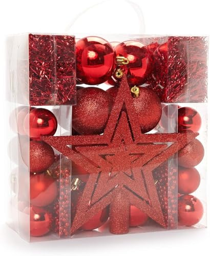 Heitmann Deco Kit de décoration pour l'arbre de Noël, Rouge, 45 pièces, avec cimier de Sapin, Boules, chaînes de Perles et guirlandes, en Plastique.